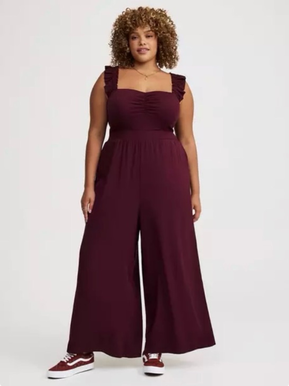 NWT Torrid Burgundy Wide-Leg Plus-Size Jumpsuit with Ruffle Straps